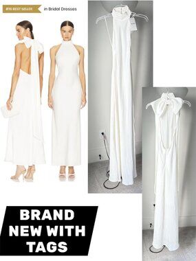 MISHA COLLECTION x Revolve White Satin Backless Bow Halter Wedding Dress Gown 0